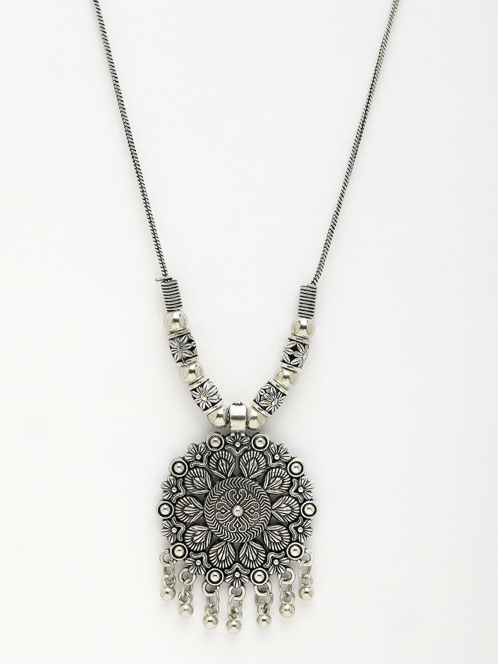 NVR Women's Silver-Toned Floral Shape Pendant with Chain