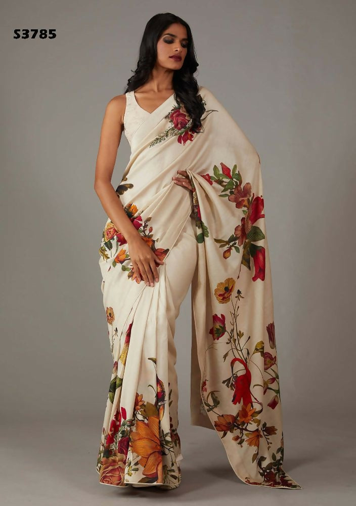 Off White Bright Moss Designer Digital Printed Party Wear Saree - Be Verly