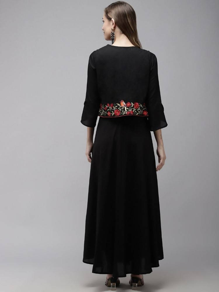 Yufta Women A-Line Black Dress With Red Embroidered Jacket