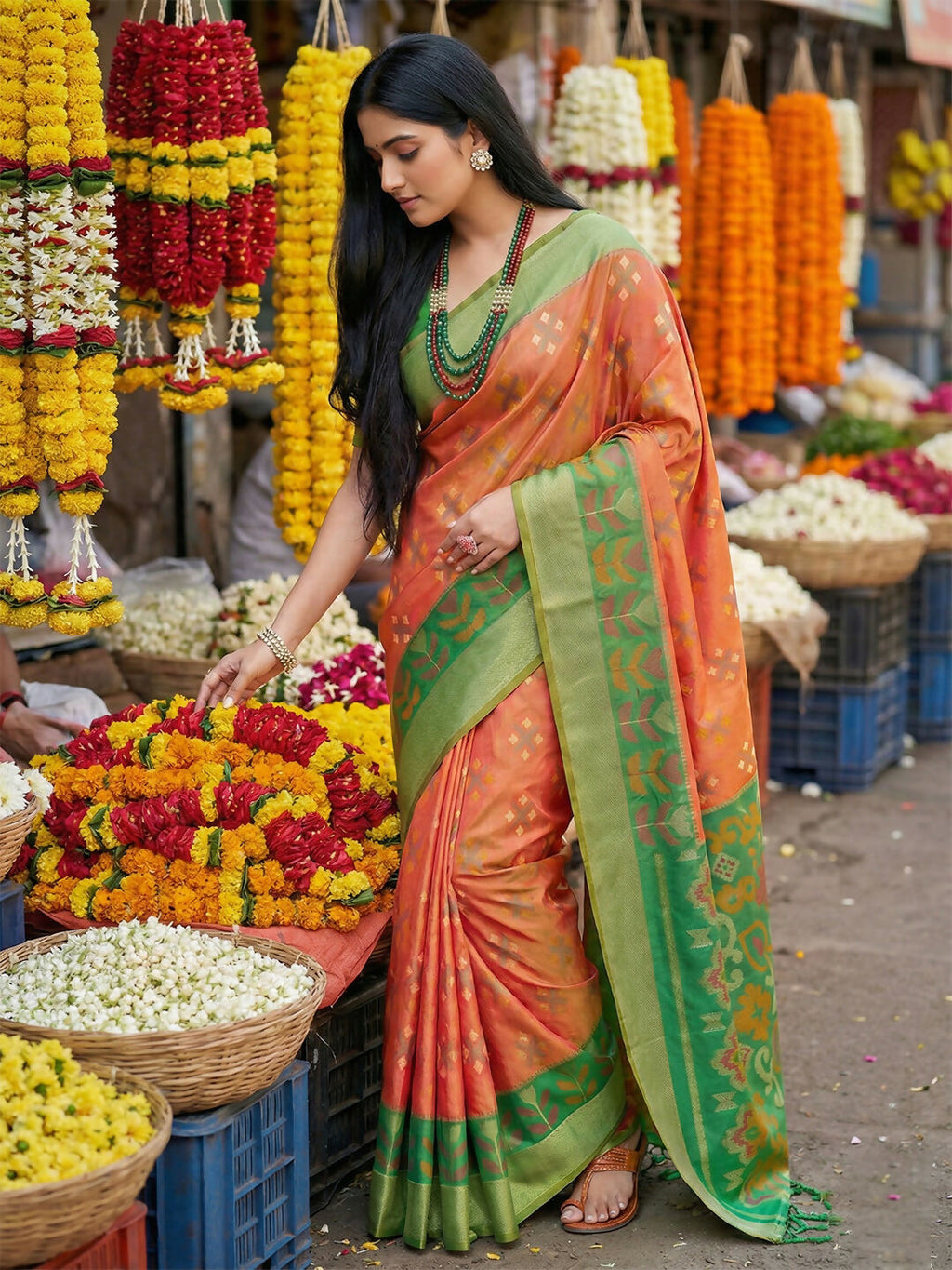 Shree Shyam Fashion Orange Pochampally Silk Saree - Distacart