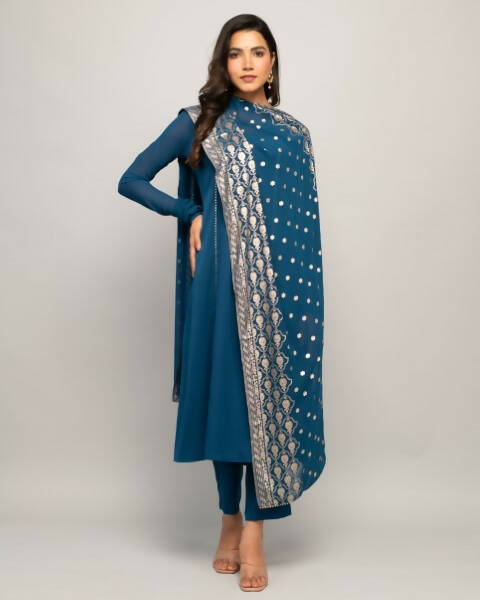 FIORRA Women's Teal Blue Creap A-Line Kurta Pant With Dupatta