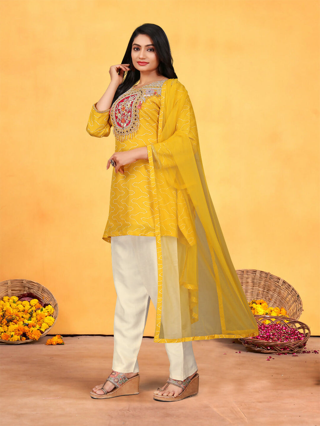 Joban Fashion Mustard Cotton Premium Pure Viscose Print Dola With Handwork Kurta set