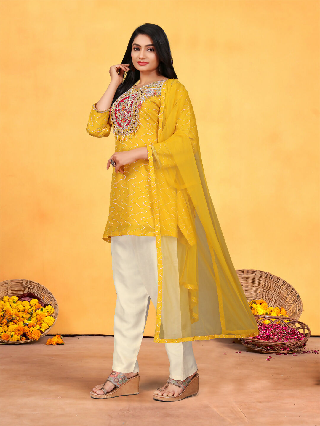 Joban Fashion Mustard Cotton Premium Pure Viscose Print Dola With Handwork Kurta set