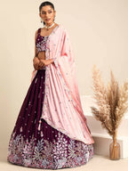 House of Panchhi Burgundy Georgette Sequins and thread embroidery Lehenga choli & Dupatta