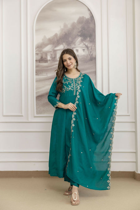The52 Rama Women's Beautiful Vichitra Silk Fabric Embroidered Work Flared Anarkali Pant and Dupatta Set