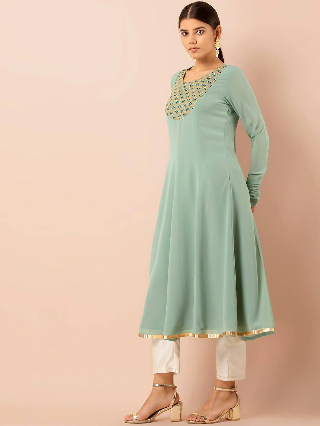Indya Green Embroidered A-Line Kurta - Distacart