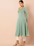 Indya Green Embroidered A-Line Kurta - Distacart
