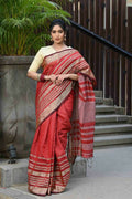 Beatitude Red Cotton Stripes Border Handloom Saree