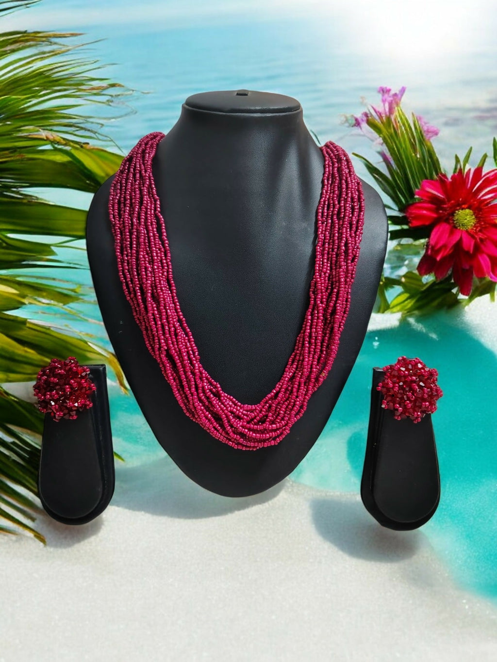 Inhanns Vibrant Handmade 20 Layers Beaded Necklace With Matching Earrings - Wine