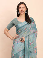 Shree Shyam Fashion Linen Cotton Sea Green Saree - Distacart