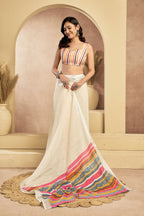 Vastranavya Off White Digital Printed Linen Ready To Wear Pocket Saree with Unstitched Blouse - Distacart