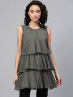 Ahalyaa Women Grey Chiffon Silver Glitter Printed Tiered Tunic