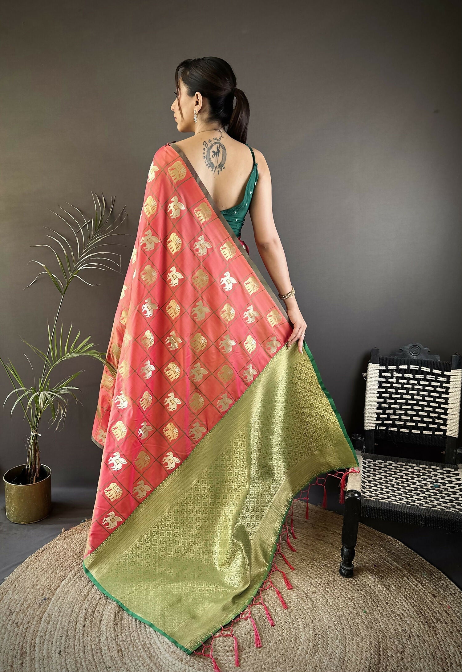 Joban Fashion Orange Elephant Motif Soft Silk Banarasi silk Saree - Distacart