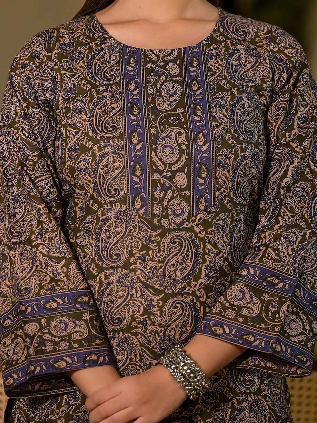 Yufta Olive Pure Cotton Paisley Print Pakistani Style Kurta And Trousers With Dupatta Set - Distacart