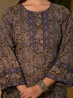Yufta Olive Pure Cotton Paisley Print Pakistani Style Kurta And Trousers With Dupatta Set - Distacart