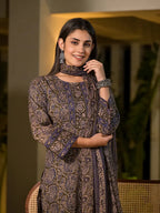 Yufta Olive Pure Cotton Paisley Print Pakistani Style Kurta And Trousers With Dupatta Set - Distacart