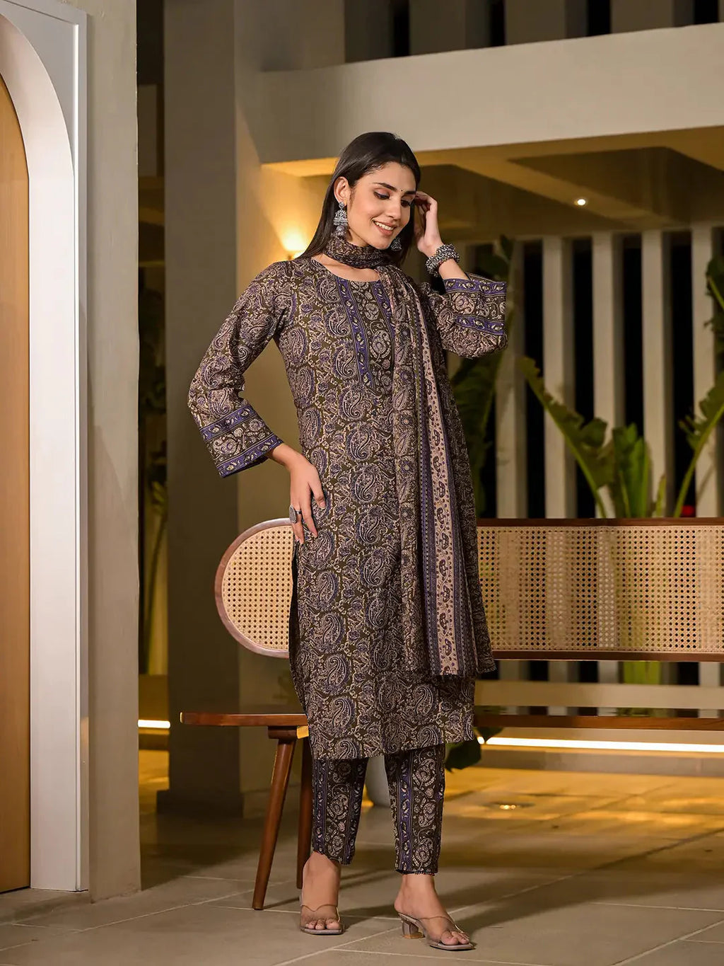 Yufta Olive Pure Cotton Paisley Print Pakistani Style Kurta And Trousers With Dupatta Set - Distacart