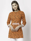Myshka Women Orange Pure Cotton Printed 3/4 Sleeve Round Casual Tunic