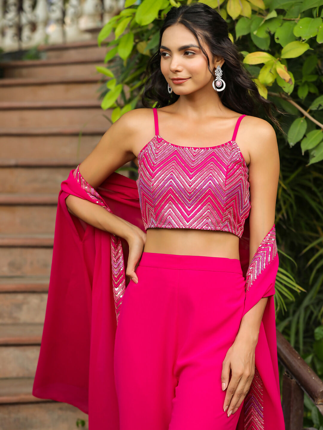 Janasya Pink Georgette Embroidered Top Bottom Cape