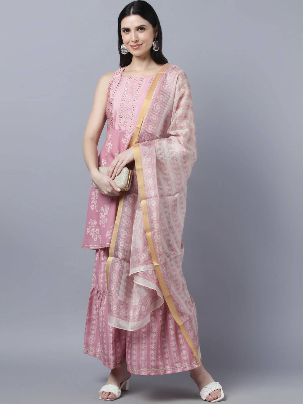 Myshka Women Peach-Coloured White Floral Printed Kurta with Sharara With Dupatta Set - Distacart