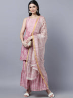 Myshka Women Peach-Coloured White Floral Printed Kurta with Sharara With Dupatta Set - Distacart