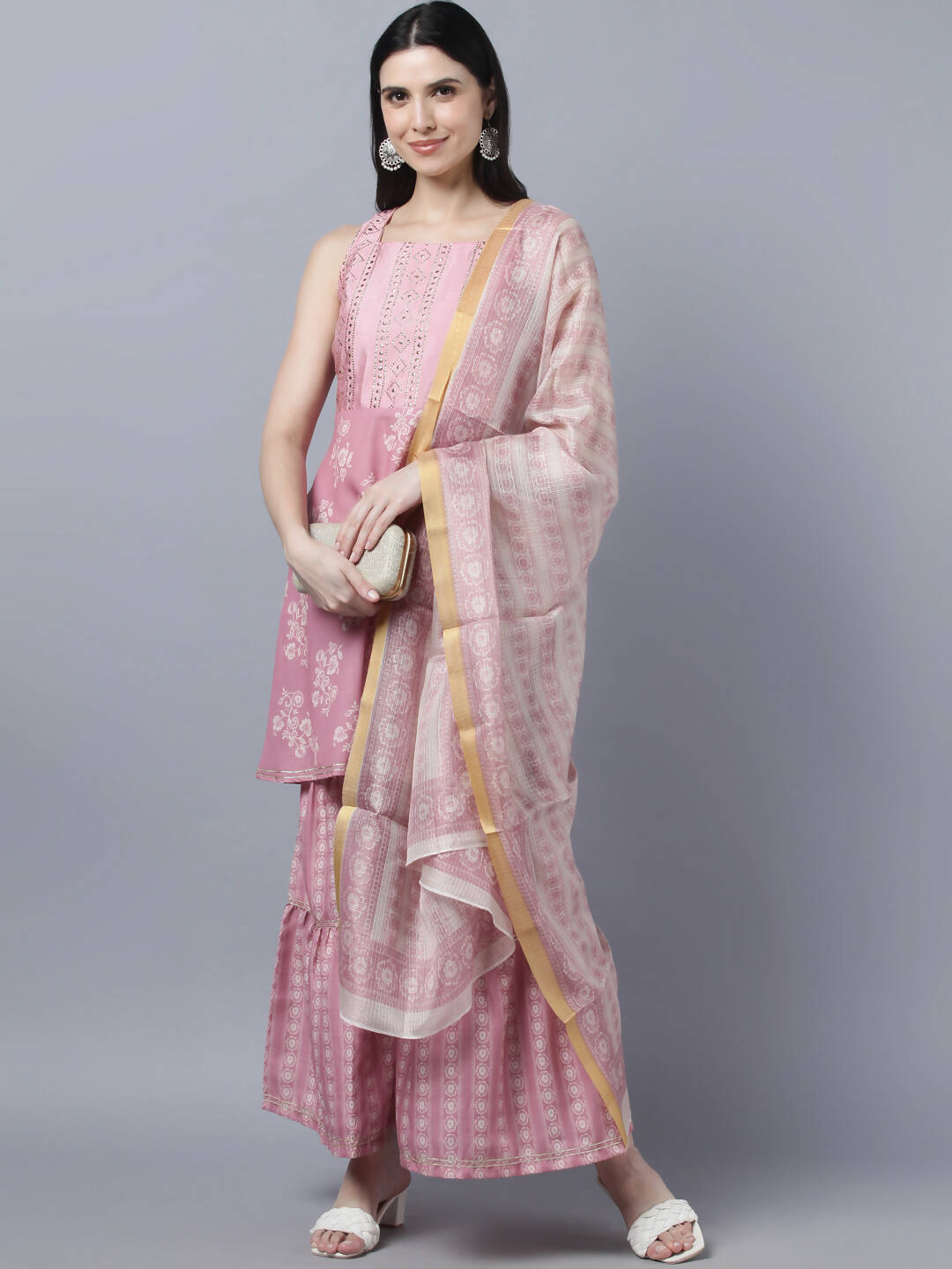 Myshka Women Peach-Coloured White Floral Printed Kurta with Sharara With Dupatta Set - Distacart