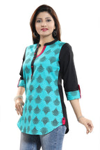 Snehal Creations Luscious Light Rama Cotton Printed Tunic Top With Roll On Sleeves - Distacart