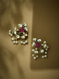 Nuyug 22K Gold-Plated Elegant Kundan & Ruby Stone Studded & Beaded Studs - Distacart