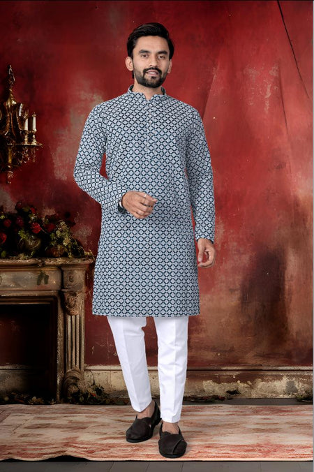 Neera Trendz Blue Cotton Thread Embroidery Men's Kurta Pajama