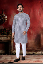 Neera Trendz Grey Cotton Thread Embroidery Men's Kurta Pajama - Distacart