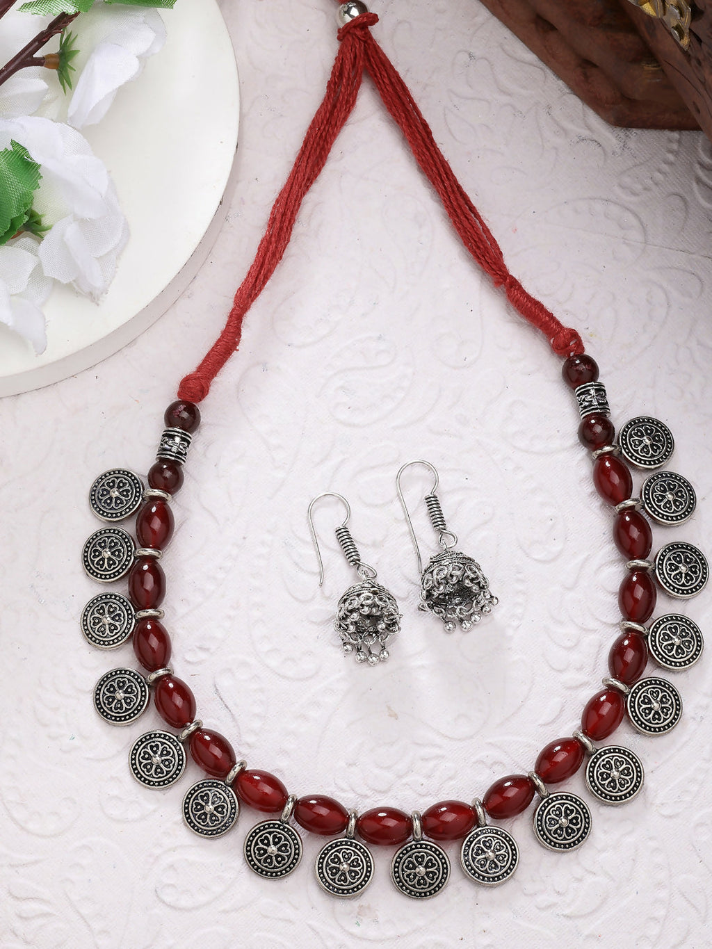 NVR Women's Red Silver-Plated Choke Oxidized Necklace with Jhumka Earrings