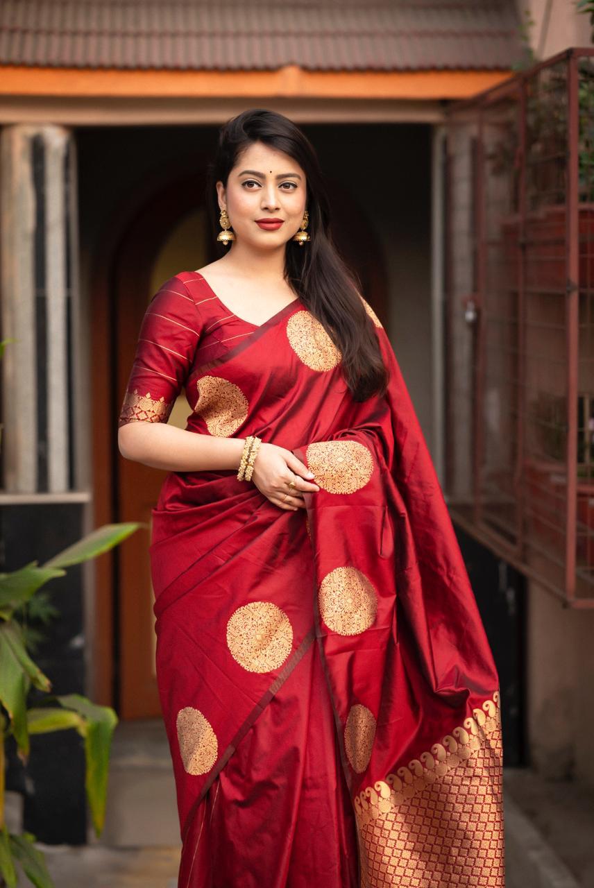 Maroon Silk Woven Saree with Unstitched Blouse - Hiral Fashion