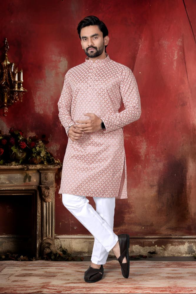 Neera Trendz Peach Cotton Thread Embroidery Men's Kurta Pajama - Distacart