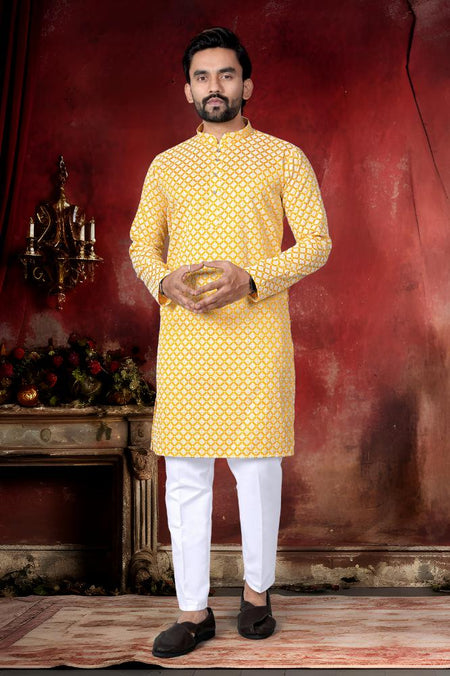 Neera Trendz Yellow Cotton Thread Embroidery Men's Kurta Pajama