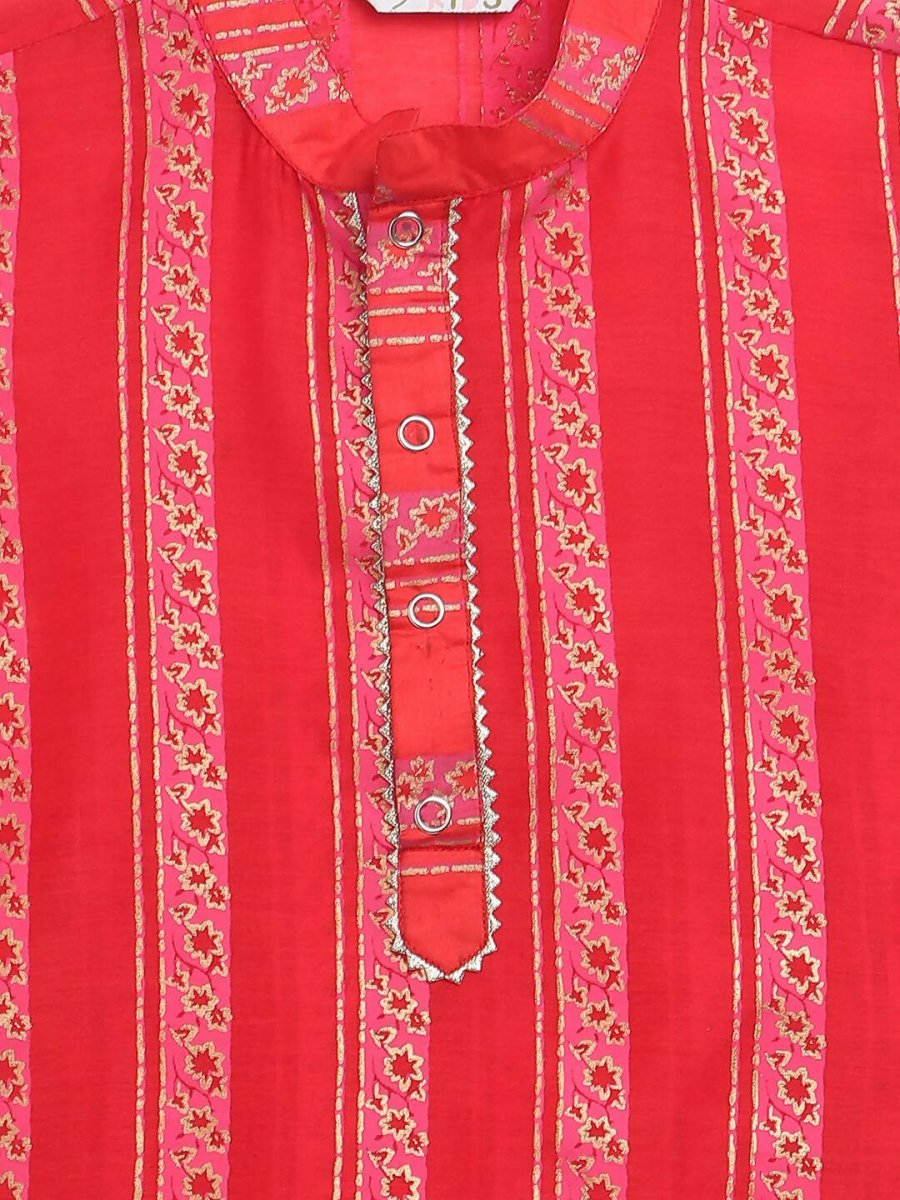Ahalyaa Red Chanderi Khari Print Kids Kurta Churidar Set For Boys