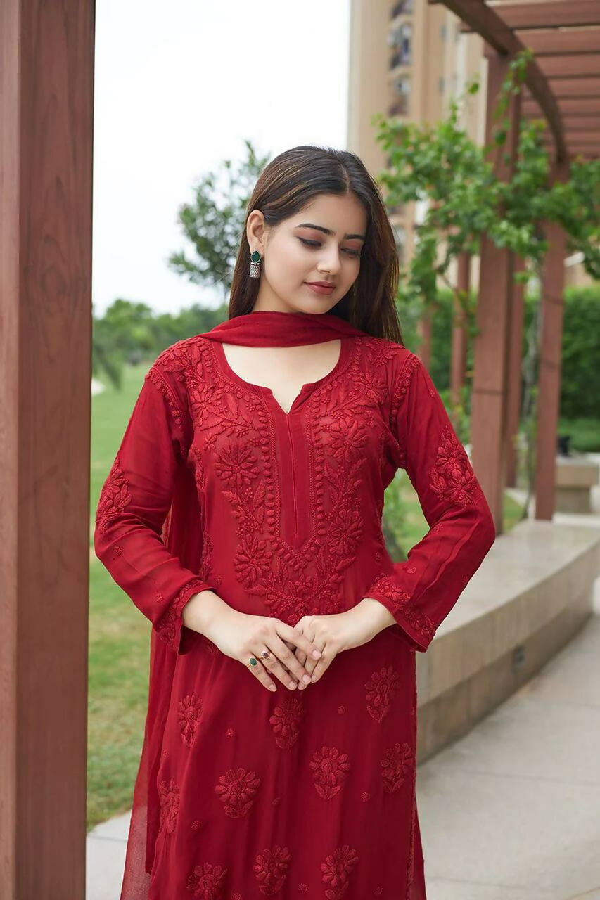 Joban Fashion Red Kurta Set Georgette Embroidery Sequence Work - Distacart