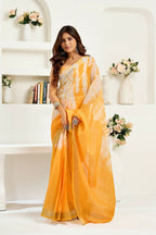 Vastranavya Yellow White Digital Printed Linen Ready To Wear Designer Saree with Unstitched Blouse - Distacart
