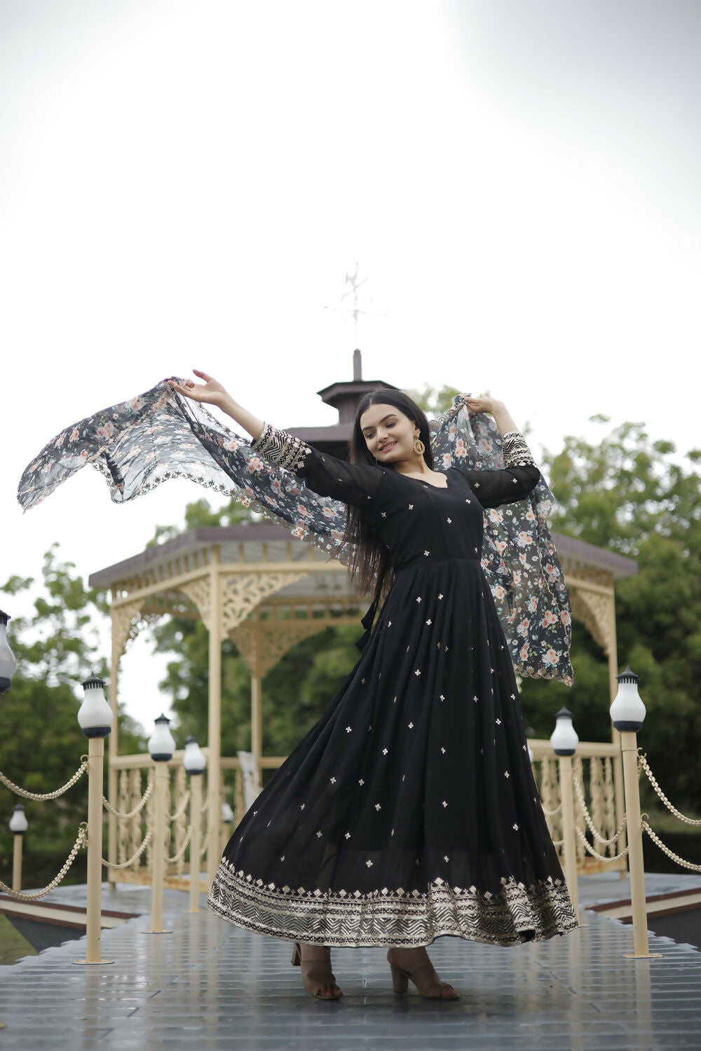 Aayaa Designer Embroidery Zari Sequins-Work Faux Blooming Georgette Suit - Black - Distacart