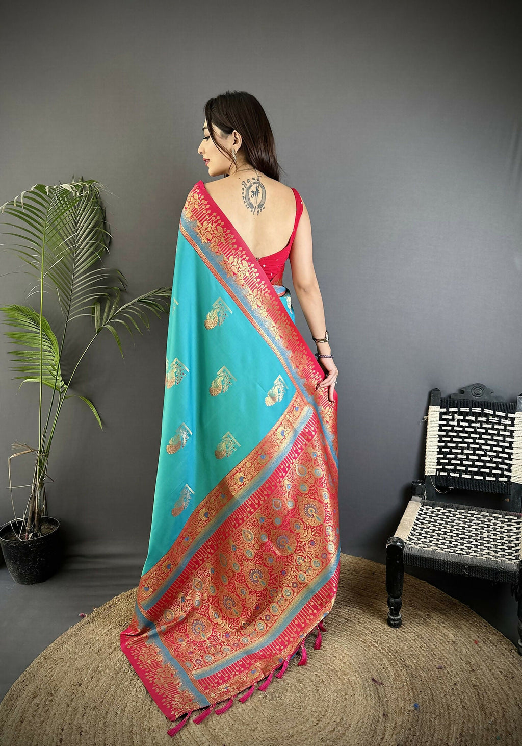 Joban Fashion Aqua Green Banarasi Soft Silk Peacock Butta Work Saree - Distacart