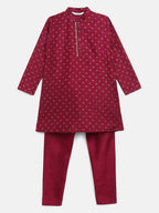 Ahalyaa Boys Wine Poly Silk Gold Printed Kids Kurta Churidar Set - Distacart