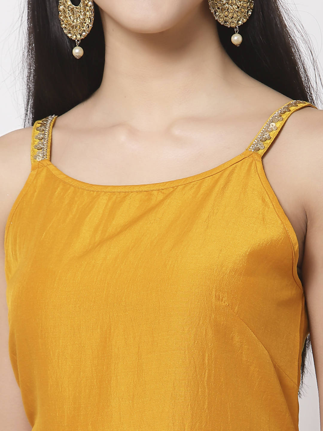 Myshka Women Yellow Silk Blend Solid Sleeveless Round Neck Neck Kurta Palazzo Dupatta Set