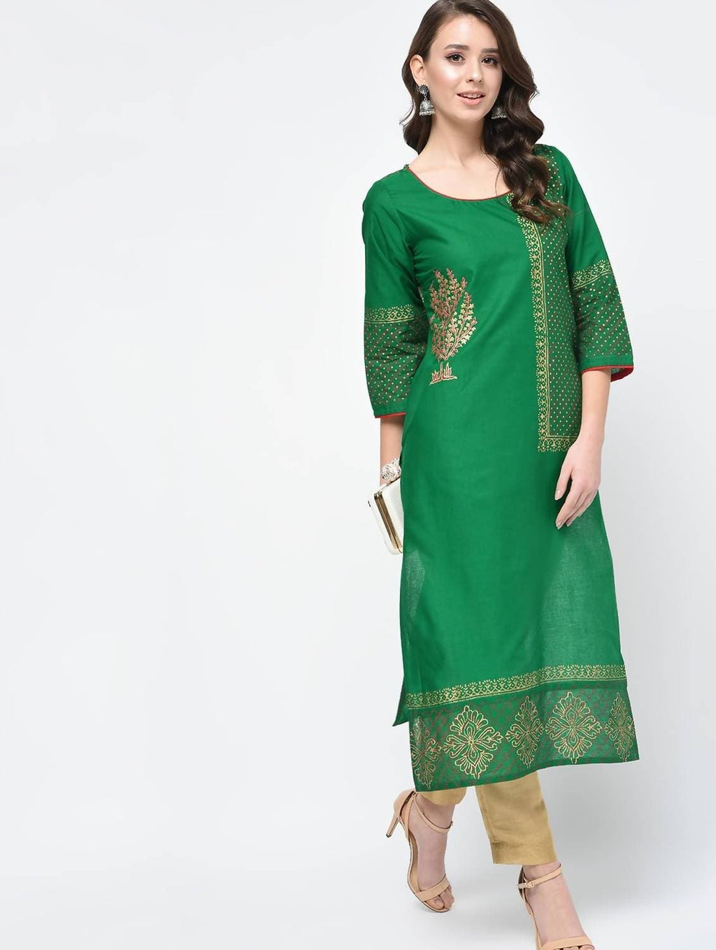 Cheera Hand Block Print Green Color Straight Kurta