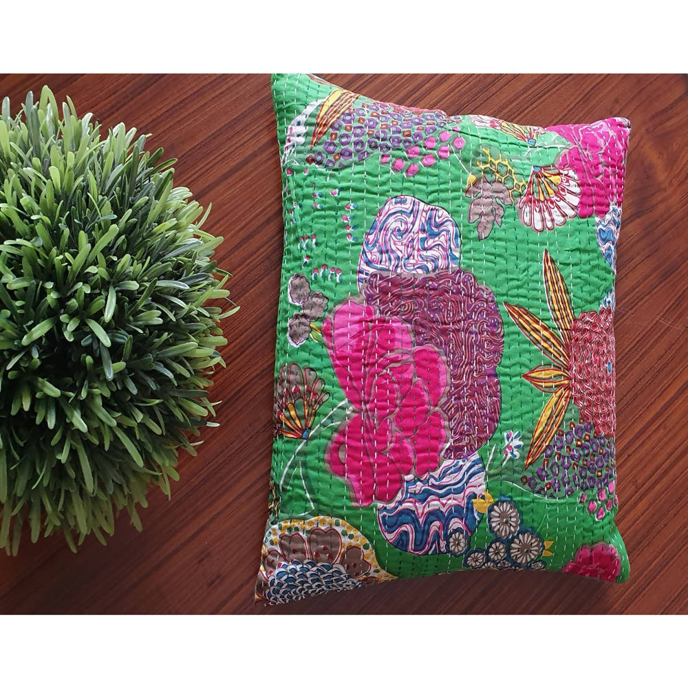 The Decor Nook Parrot Green Base With Multicolour Flowers Print Cushion Cover