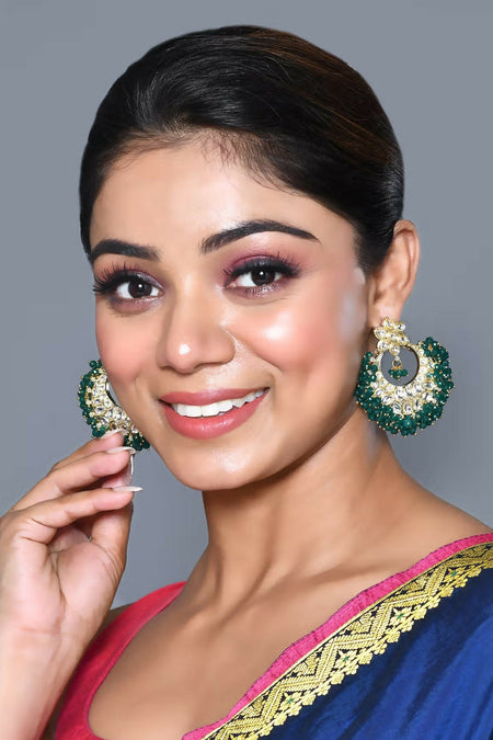 Joban Fashion Women Kundan Pearl Golden White Green Earrings