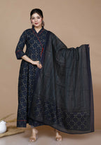 Miravan Women's Abstract Printed & Tasseles Angrakha Kurta With Blue Dupatta Set