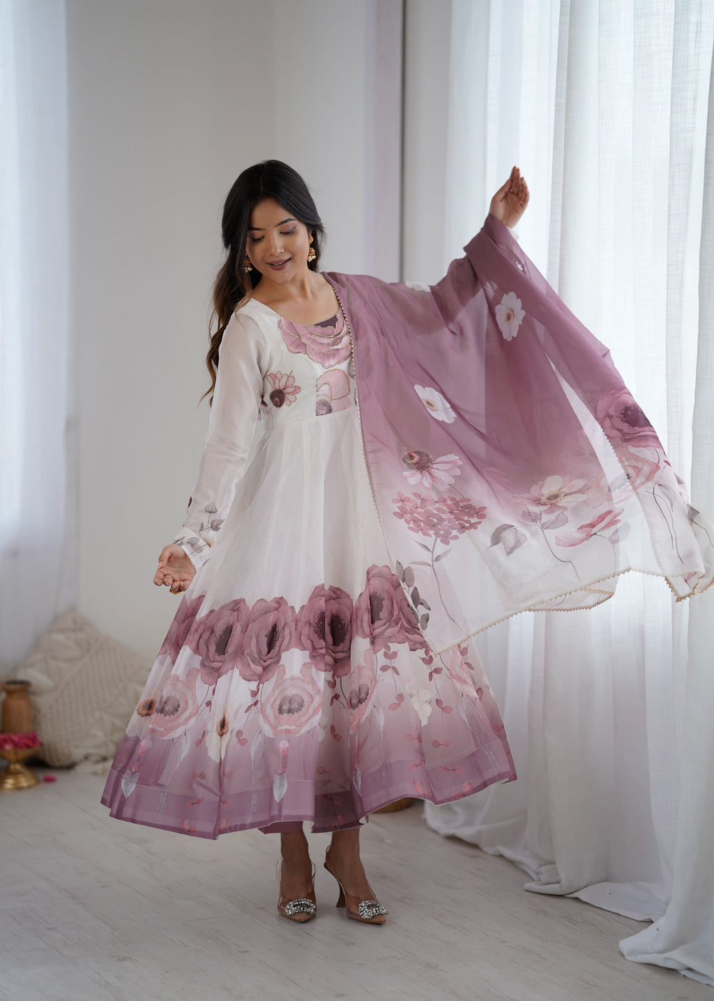Lorenvalley Fashion Soft Organza Silk Front On Fancy Badla Jari Work Flower Position Print Outing Work Anarkali Kurta Pant With Dupatta Set