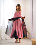 Lorenvalley Women Pure Soft Faux Georgette Colorful Padding Anarkali Kurta Pant With Dupatta Set - Onionpink