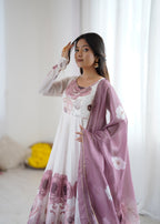 Lorenvalley Fashion Soft Organza Silk Front On Fancy Badla Jari Work Flower Position Print Outing Work Anarkali Kurta Pant With Dupatta Set
