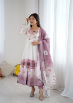 Lorenvalley Fashion Soft Organza Silk Front On Fancy Badla Jari Work Flower Position Print Outing Work Anarkali Kurta Pant With Dupatta Set
