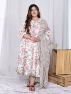 Miravan Women's Plus Size Light Pink Floral Printed and Anarkali Kurta with Dupatta